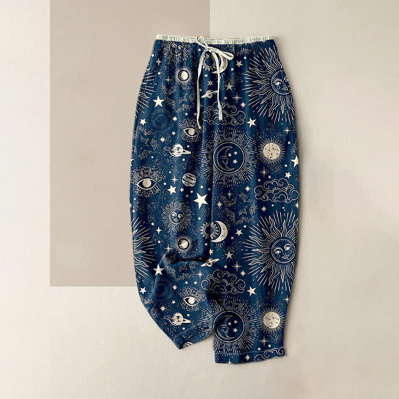 Nimara Ritual Pure Cotton Celestial Sun Moon Stars Pattern Women's Elastic Waist Pants With Pockets