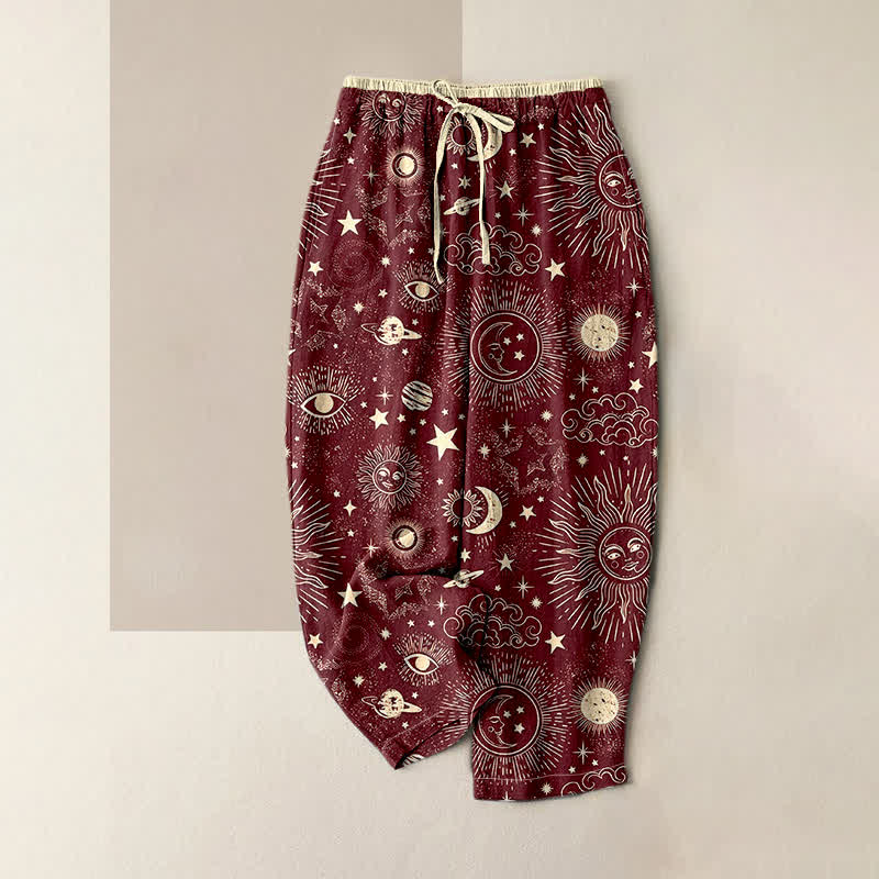 Nimara Ritual Pure Cotton Celestial Sun Moon Stars Pattern Women's Elastic Waist Pants With Pockets
