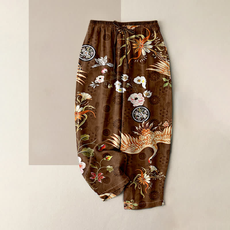 Nimara Ritual Pure Cotton White Crane Floral Medallion Pattern Women's Elastic Waist Pants With Pockets