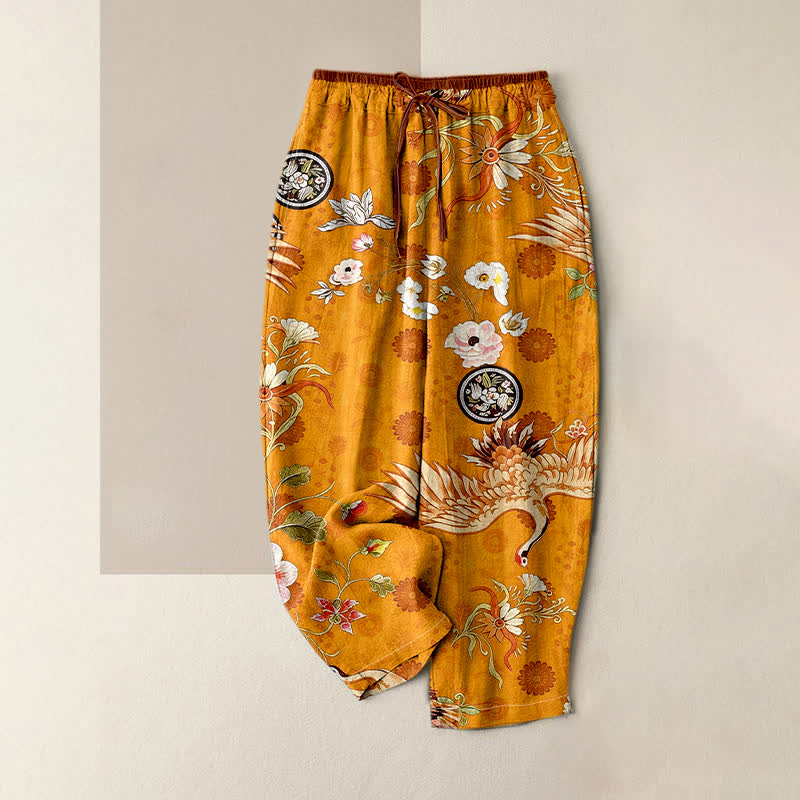 Nimara Ritual Pure Cotton White Crane Floral Medallion Pattern Women's Elastic Waist Pants With Pockets