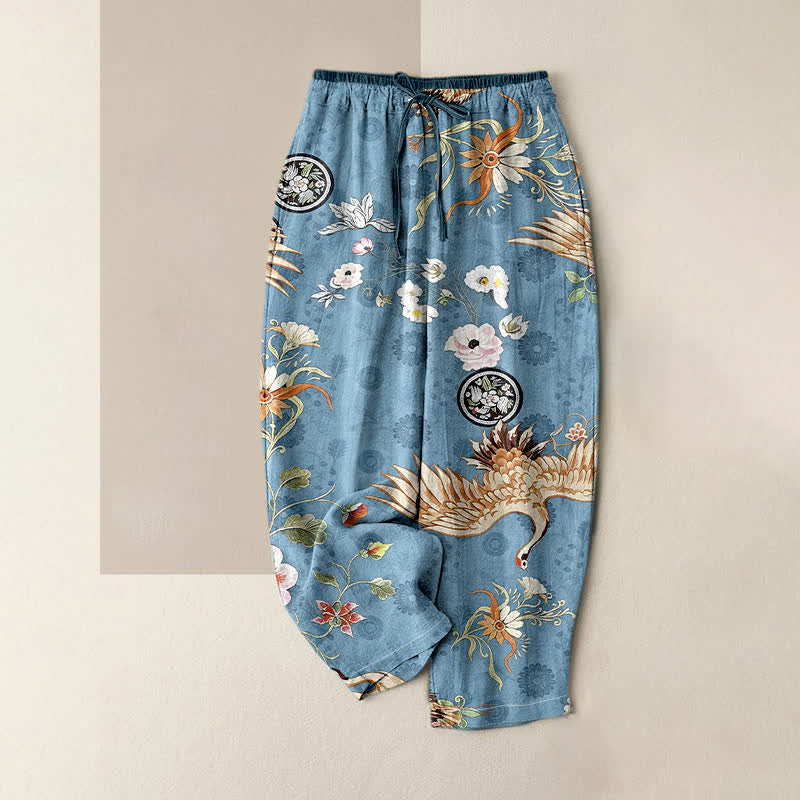 Nimara Ritual Pure Cotton White Crane Floral Medallion Pattern Women's Elastic Waist Pants With Pockets