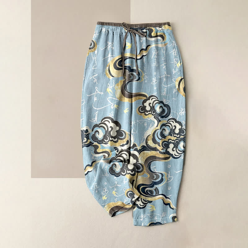 Nimara Ritual Pure Cotton Oriental Cloud Calligraphy Pattern Women's Elastic Waist Pants With Pockets