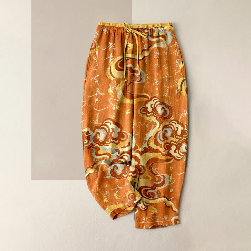 Nimara Ritual Pure Cotton Oriental Cloud Calligraphy Pattern Women's Elastic Waist Pants With Pockets