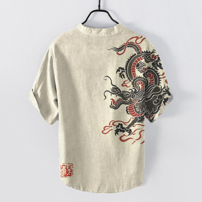 Nimara Ritual Cotton Black Red Dragon Pattern Men's Short Sleeve Half Button Shirt
