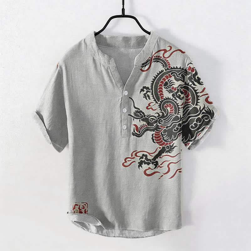 Nimara Ritual Cotton Black Red Dragon Pattern Men's Short Sleeve Half Button Shirt