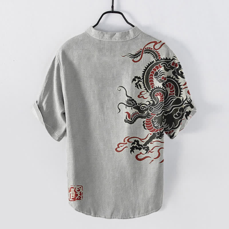 Nimara Ritual Cotton Black Red Dragon Pattern Men's Short Sleeve Half Button Shirt