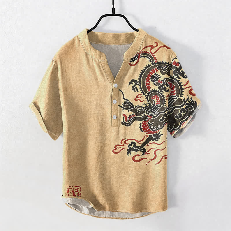 Nimara Ritual Cotton Black Red Dragon Pattern Men's Short Sleeve Half Button Shirt