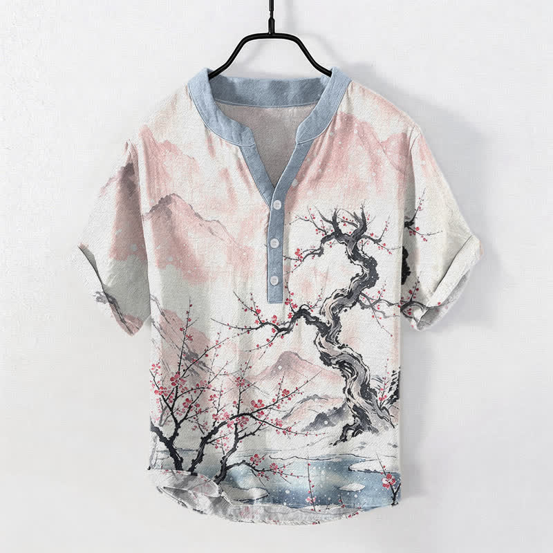 Nimara Ritual Cotton Ink Wash Mountain Plum Pattern Half Button Men's Short Sleeve Shirt