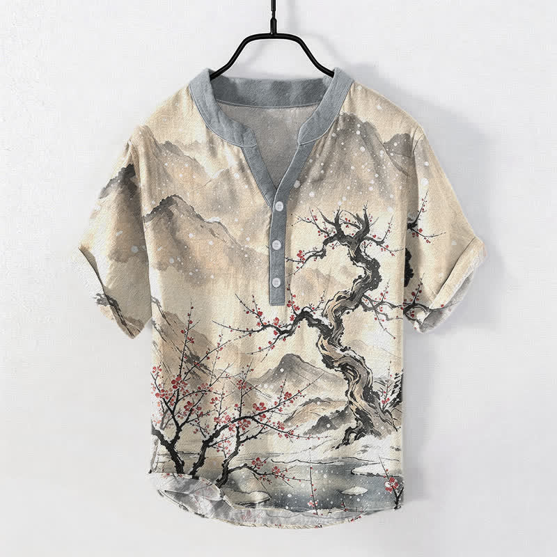 Nimara Ritual Cotton Ink Wash Mountain Plum Pattern Half Button Men's Short Sleeve Shirt