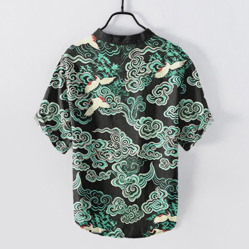 Nimara Ritual Cotton Mint Cloud Crane Pattern Men's Short Sleeve Half Button Shirt