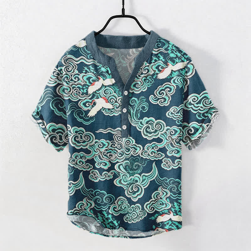 Nimara Ritual Cotton Mint Cloud Crane Pattern Men's Short Sleeve Half Button Shirt