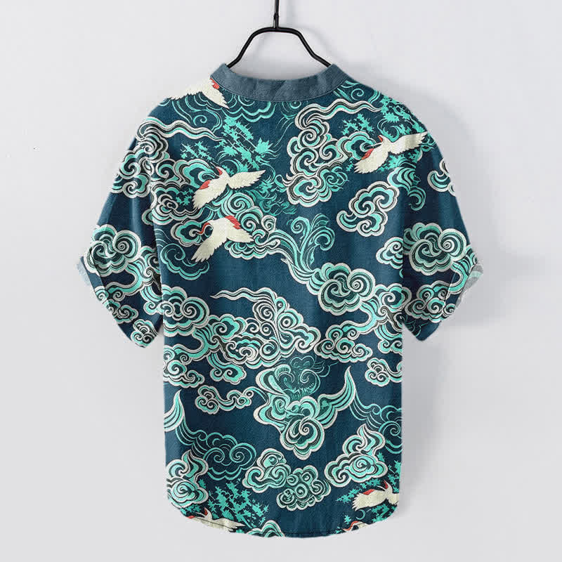Nimara Ritual Cotton Mint Cloud Crane Pattern Men's Short Sleeve Half Button Shirt