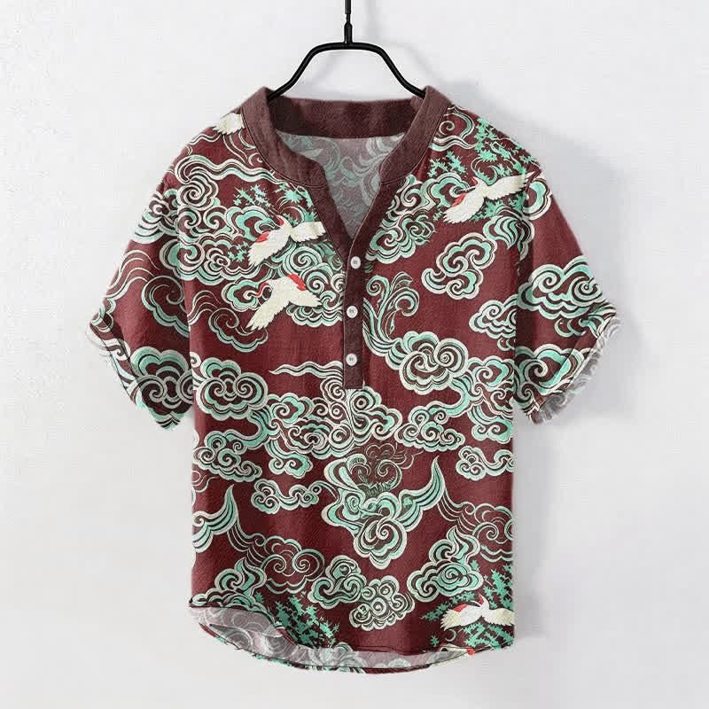 Nimara Ritual Cotton Mint Cloud Crane Pattern Men's Short Sleeve Half Button Shirt