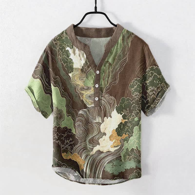 Nimara Ritual Cotton Oriental Ink Landscape Pattern Men's Short Sleeve Half Button Shirt