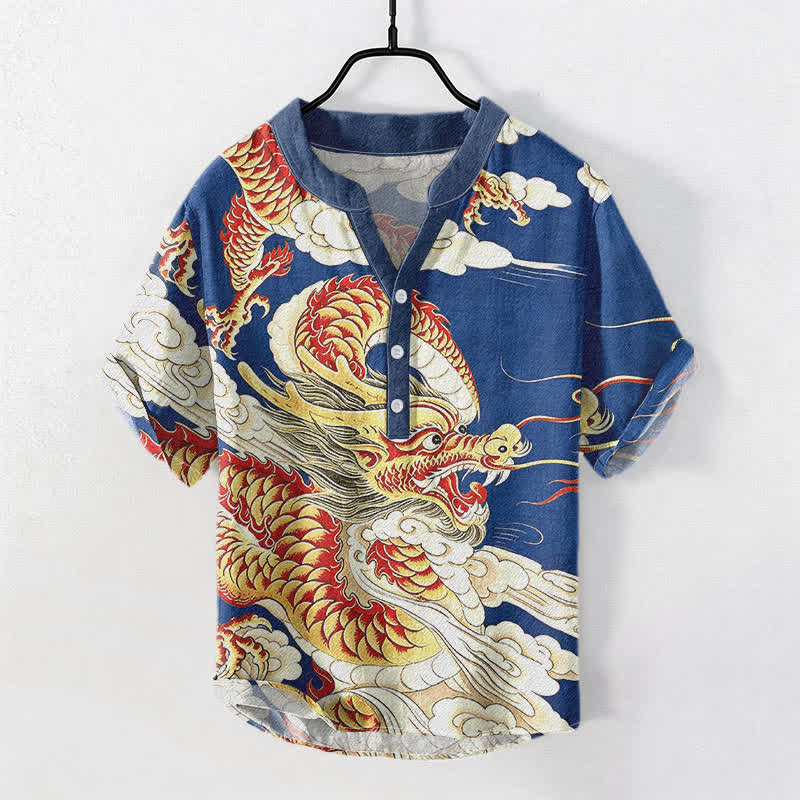 Nimara Ritual Cotton Golden Dragon Pattern Men's Short Sleeve Half Button Shirt