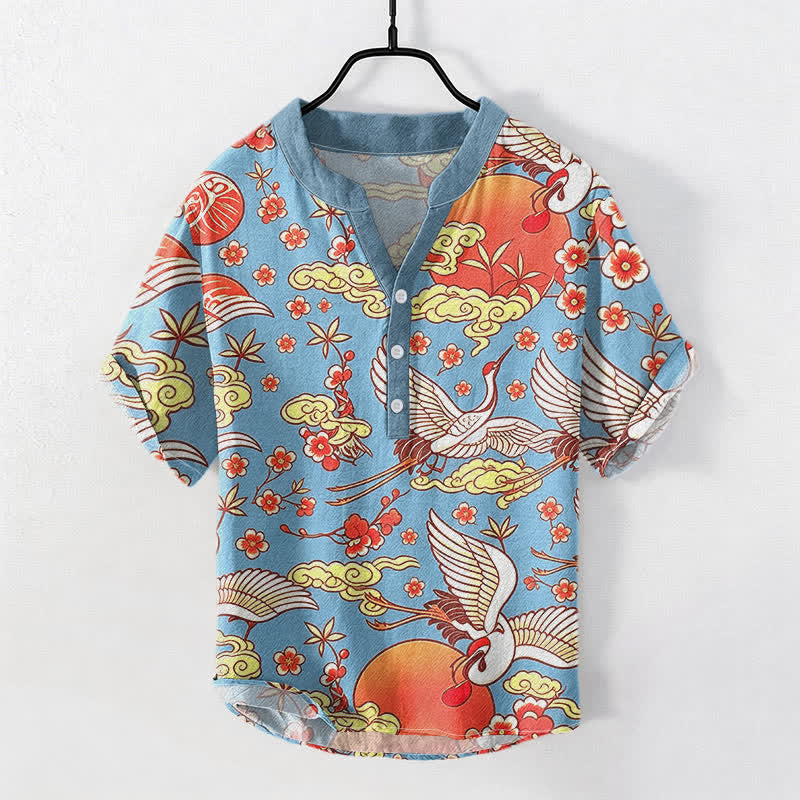 Nimara Ritual Pure Cotton Crane Sun Cloud Floral Pattern Men's Short Sleeve Half Button Shirt
