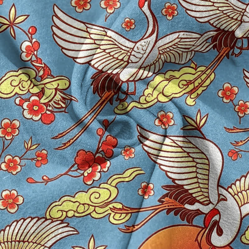 Nimara Ritual Pure Cotton Crane Sun Cloud Floral Pattern Men's Short Sleeve Half Button Shirt