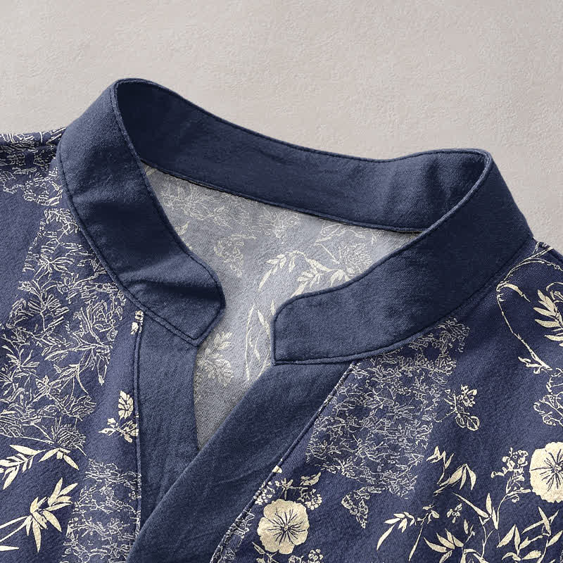 Nimara Ritual Cotton Bamboo Floral Patchwork Pattern Men's Short Sleeve Half Button Shirt