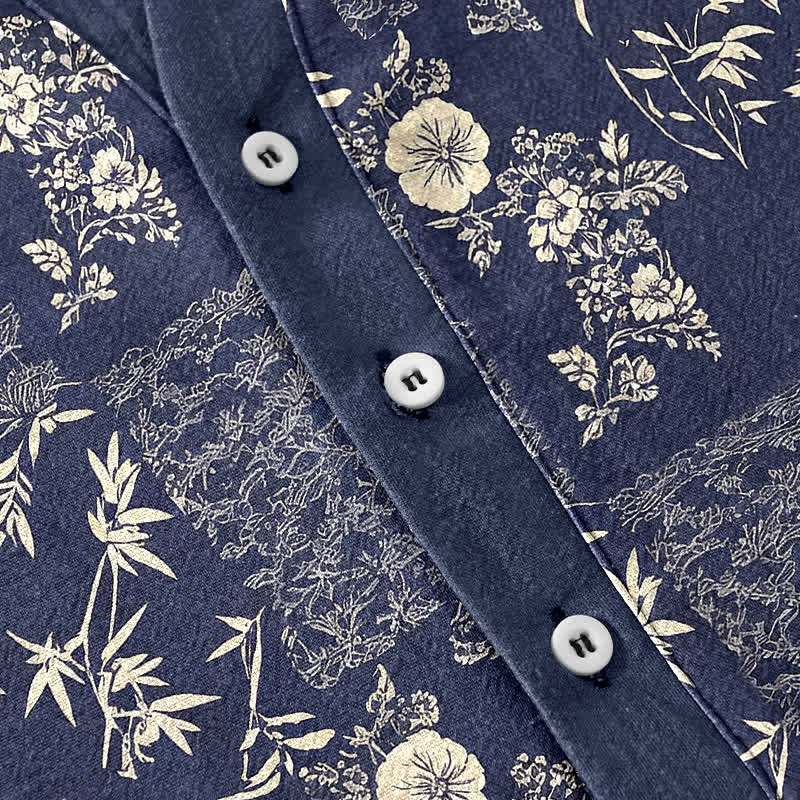 Nimara Ritual Cotton Bamboo Floral Patchwork Pattern Men's Short Sleeve Half Button Shirt