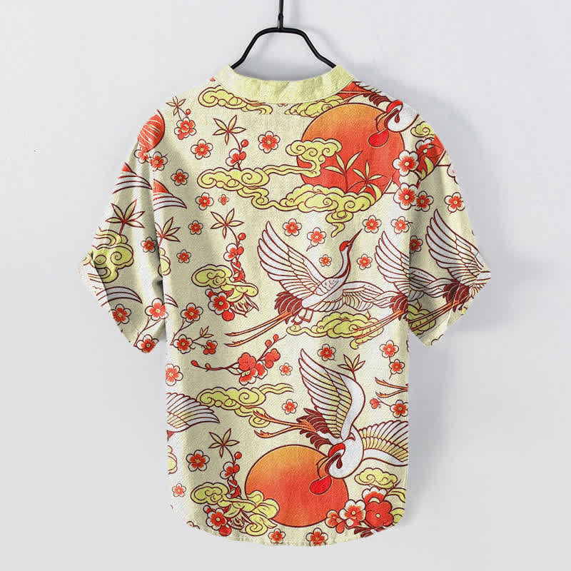 Nimara Ritual Pure Cotton Crane Sun Cloud Floral Pattern Men's Short Sleeve Half Button Shirt