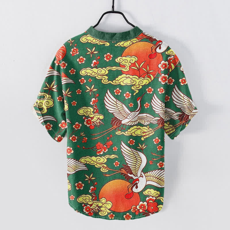 Nimara Ritual Pure Cotton Crane Sun Cloud Floral Pattern Men's Short Sleeve Half Button Shirt