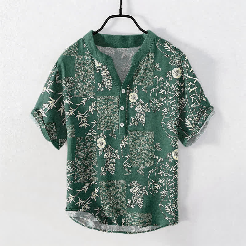 Nimara Ritual Cotton Bamboo Floral Patchwork Pattern Men's Short Sleeve Half Button Shirt