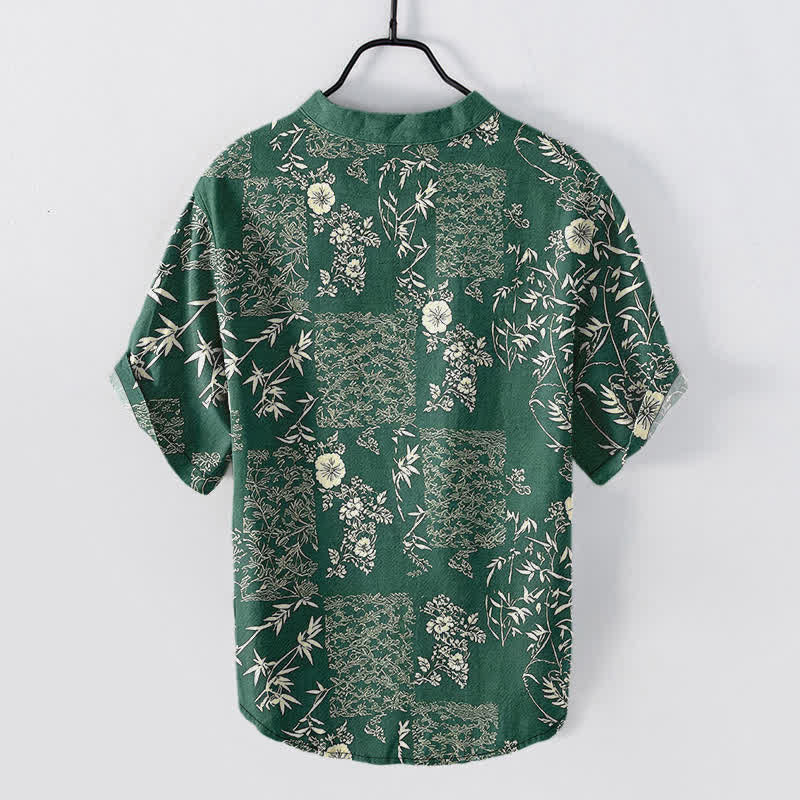 Nimara Ritual Cotton Bamboo Floral Patchwork Pattern Men's Short Sleeve Half Button Shirt
