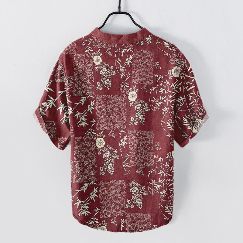 Nimara Ritual Cotton Bamboo Floral Patchwork Pattern Men's Short Sleeve Half Button Shirt