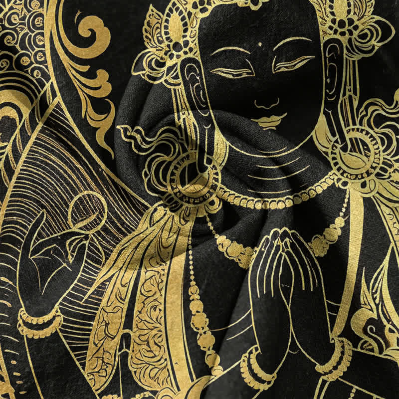 Nimara Ritual Cotton Golden Buddha Icon Pattern Men's Short Sleeve Half Button Shirt