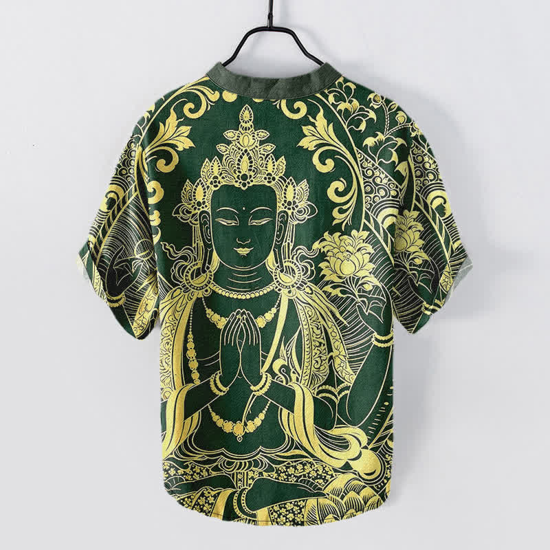 Nimara Ritual Cotton Golden Buddha Icon Pattern Men's Short Sleeve Half Button Shirt
