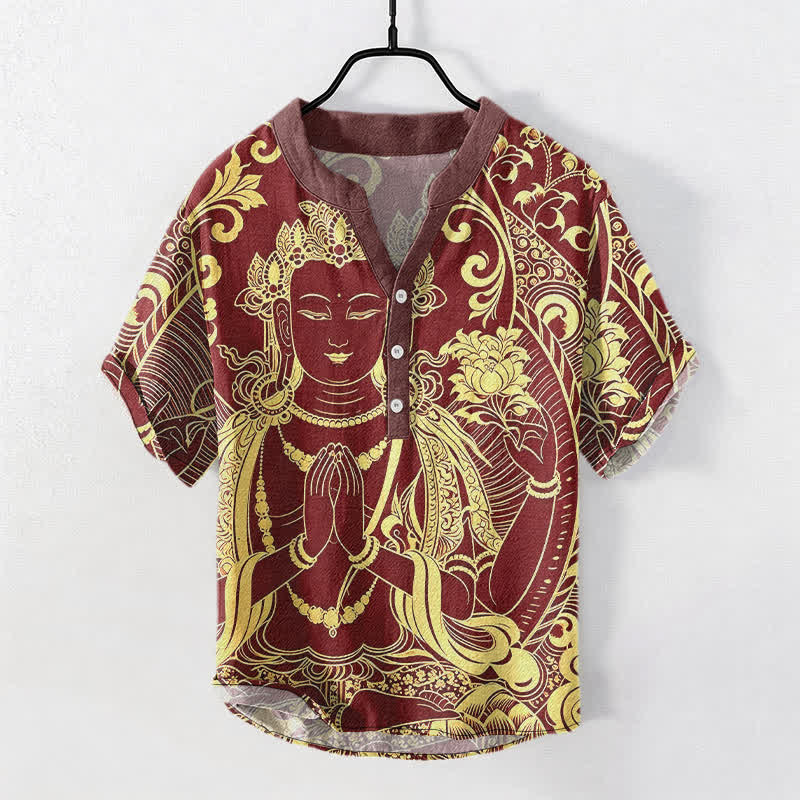 Nimara Ritual Cotton Golden Buddha Icon Pattern Men's Short Sleeve Half Button Shirt