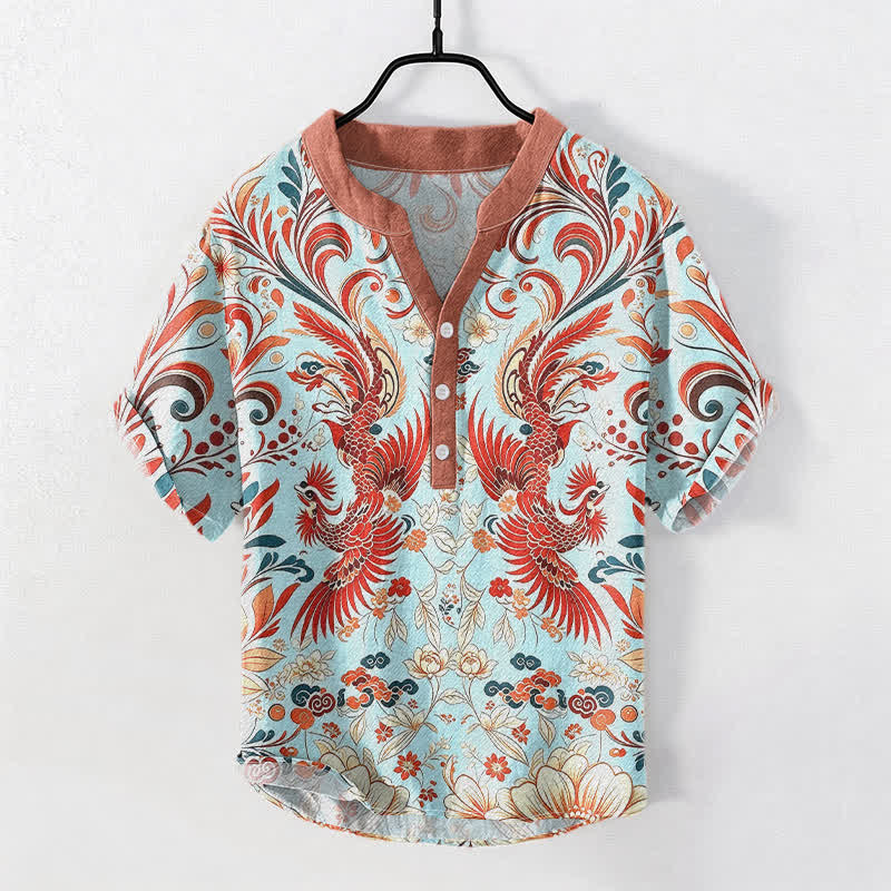 Nimara Ritual Cotton Symmetrical Phoenix Floral Pattern Men's Short Sleeve Half Button Shirt