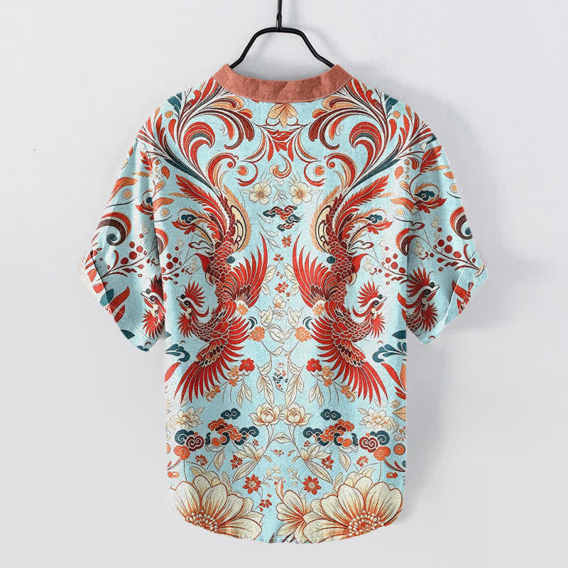 Nimara Ritual Cotton Symmetrical Phoenix Floral Pattern Men's Short Sleeve Half Button Shirt