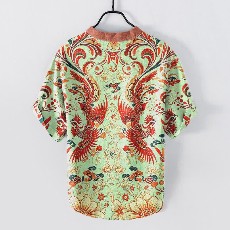 Nimara Ritual Cotton Symmetrical Phoenix Floral Pattern Men's Short Sleeve Half Button Shirt