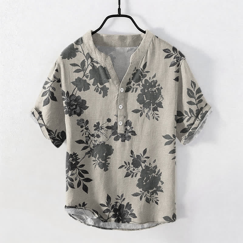 Nimara Ritual Cotton Oversized Charcoal Floral Pattern Men's Short Sleeve Half Button Shirt