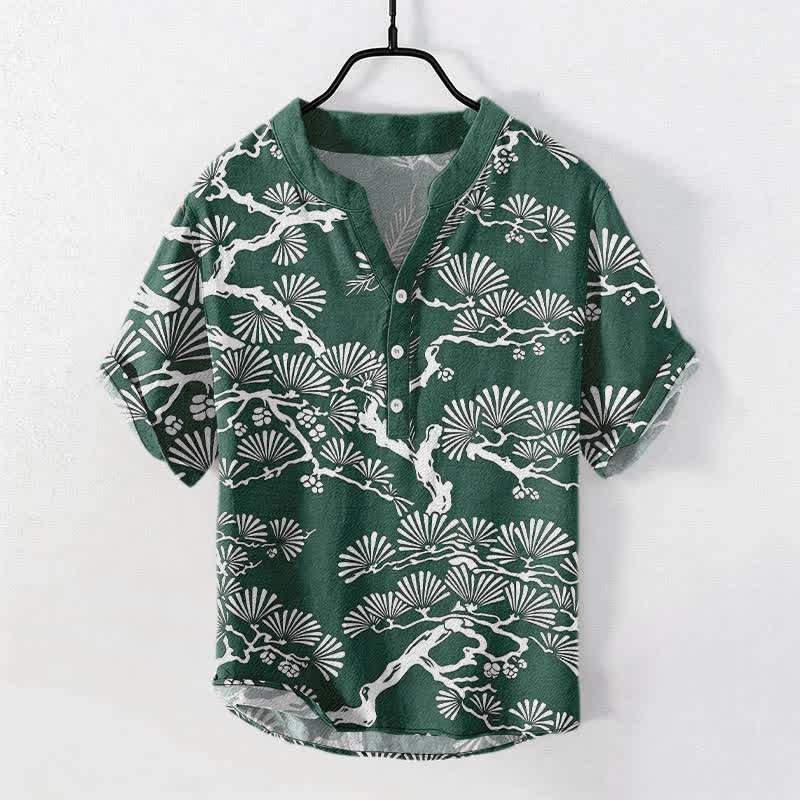 Nimara Ritual Cotton White Pine Needle Botanical Pattern Men's Short Sleeve Half Button Shirt