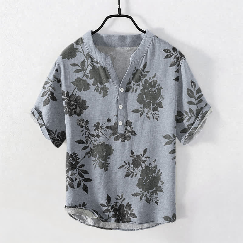 Nimara Ritual Cotton Oversized Charcoal Floral Pattern Men's Short Sleeve Half Button Shirt