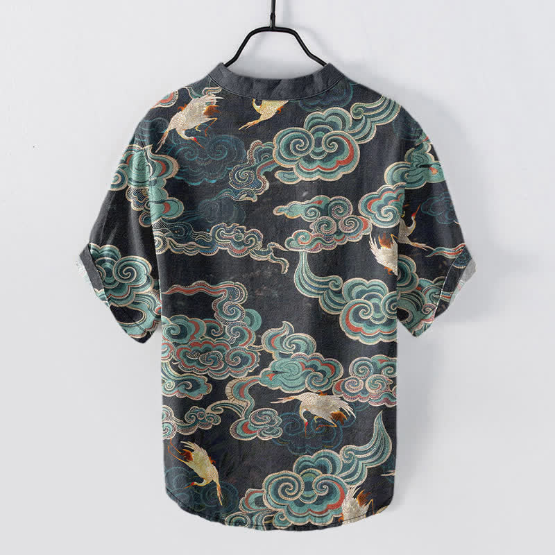 Nimara Ritual Cotton Koi Fish Lotus Pattern Men's Short Sleeve Half Button Shirt
