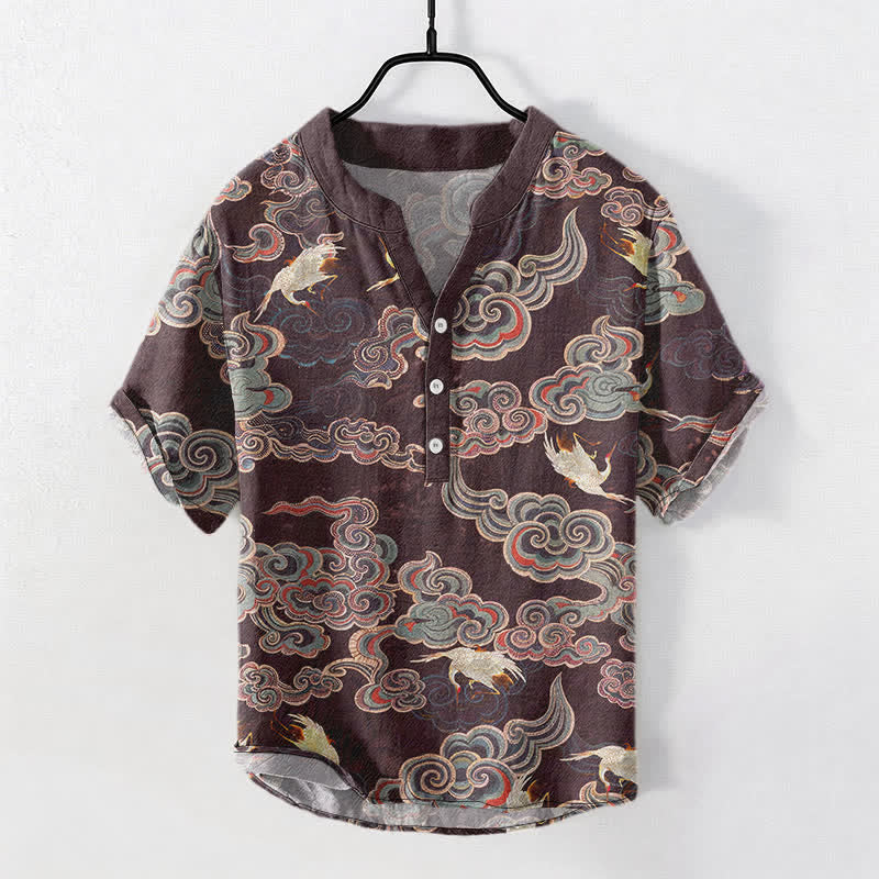Nimara Ritual Cotton Koi Fish Lotus Pattern Men's Short Sleeve Half Button Shirt