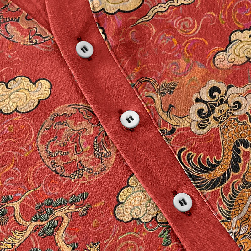 Nimara Ritual Cotton Golden Dragon Cloud Pattern Men's Short Sleeve Half Button Shirt