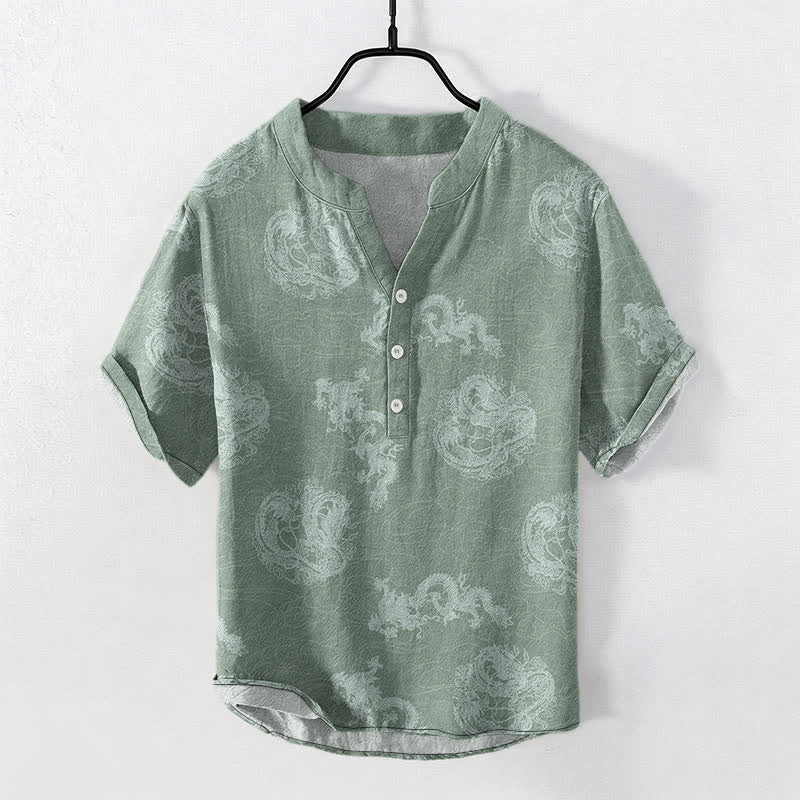 Nimara Ritual Cotton Faded Indigo Dragon Pattern Men's Short Sleeve Half Button Shirt