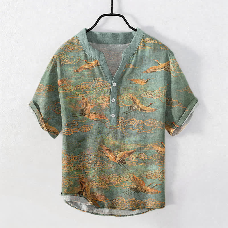 Nimara Ritual Cotton Flying Crane Cloud Pattern Men's Short Sleeve Half Button Shirt