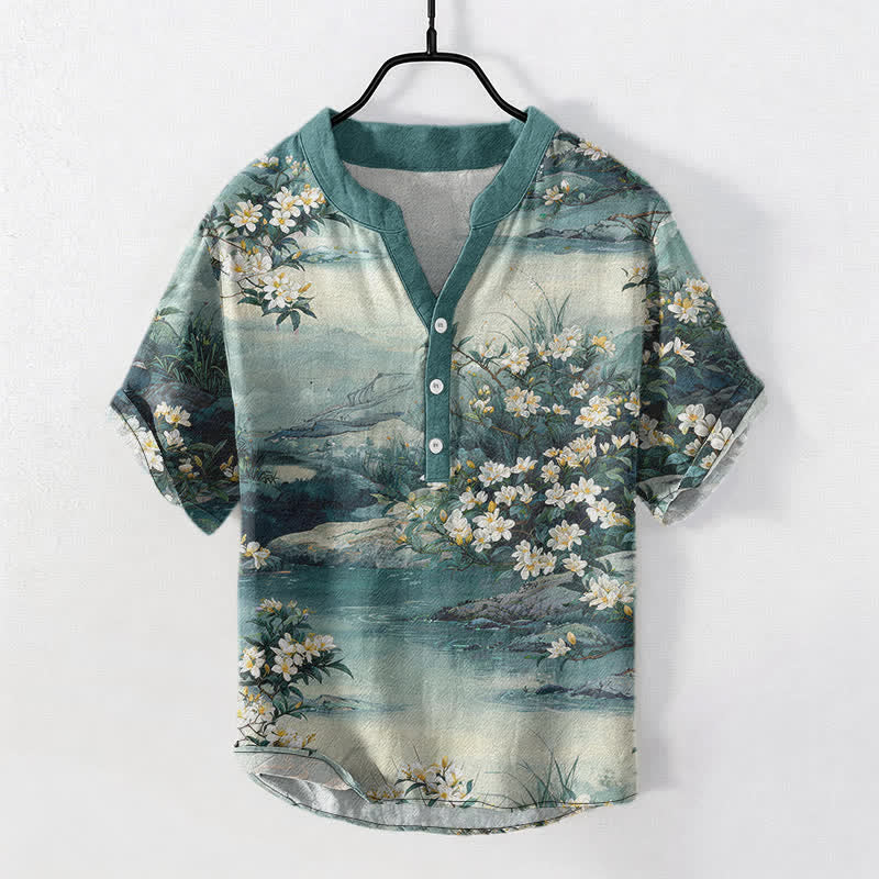 Nimara Ritual Cotton Watercolor Floral Landscape Pattern Men's Short Sleeve Half Button Shirt