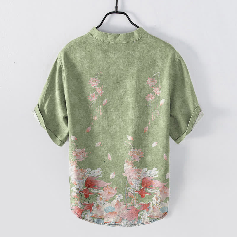 Nimara Ritual Cotton Lotus Pattern Men's Short Sleeve Half Button Shirt
