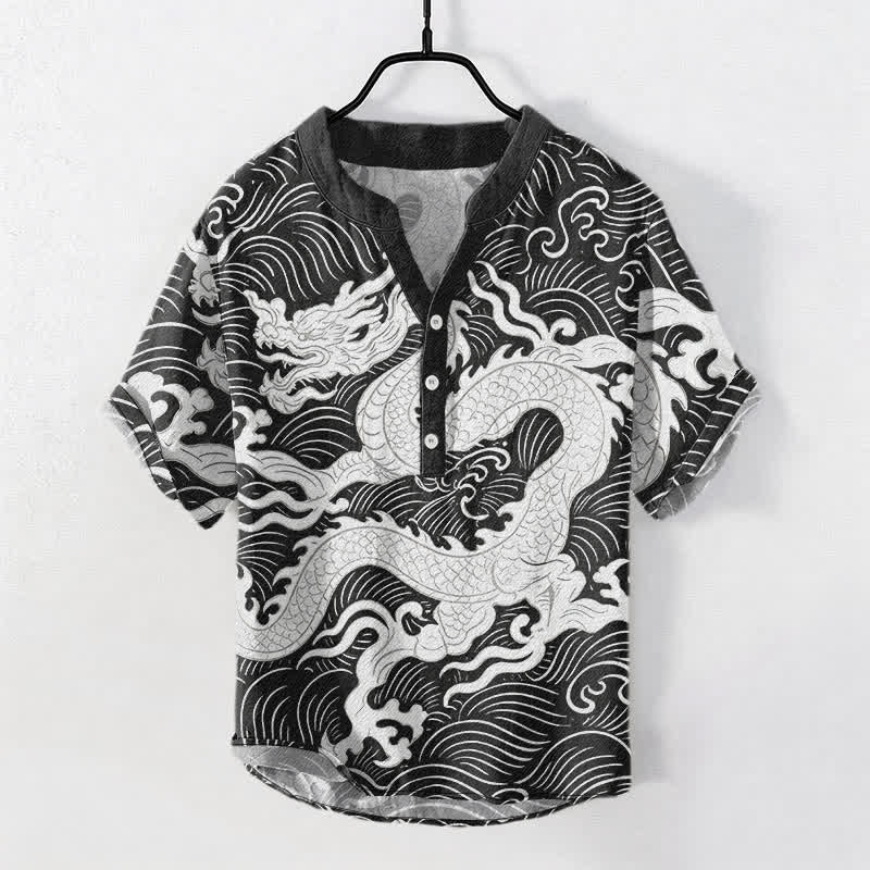 Nimara Ritual Cotton White Dragon Wave Pattern Men's Short Sleeve Half Button Shirt