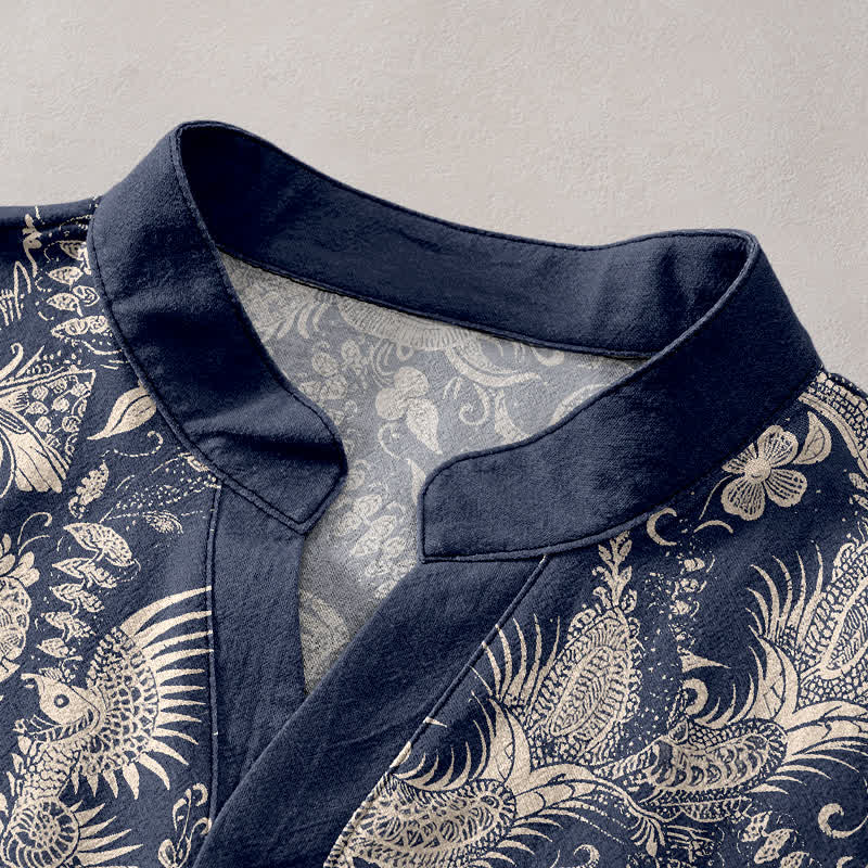 Nimara Ritual Cotton Botanical Floral Pattern Men's Short Sleeve Half Button Shirt
