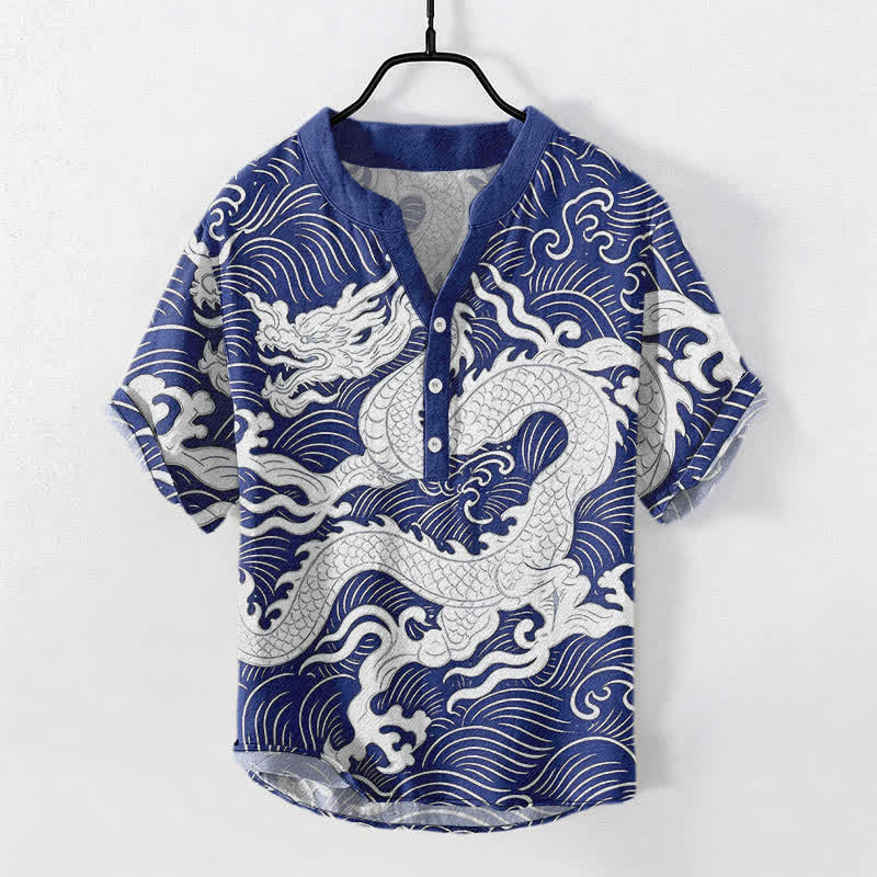 Nimara Ritual Cotton White Dragon Wave Pattern Men's Short Sleeve Half Button Shirt