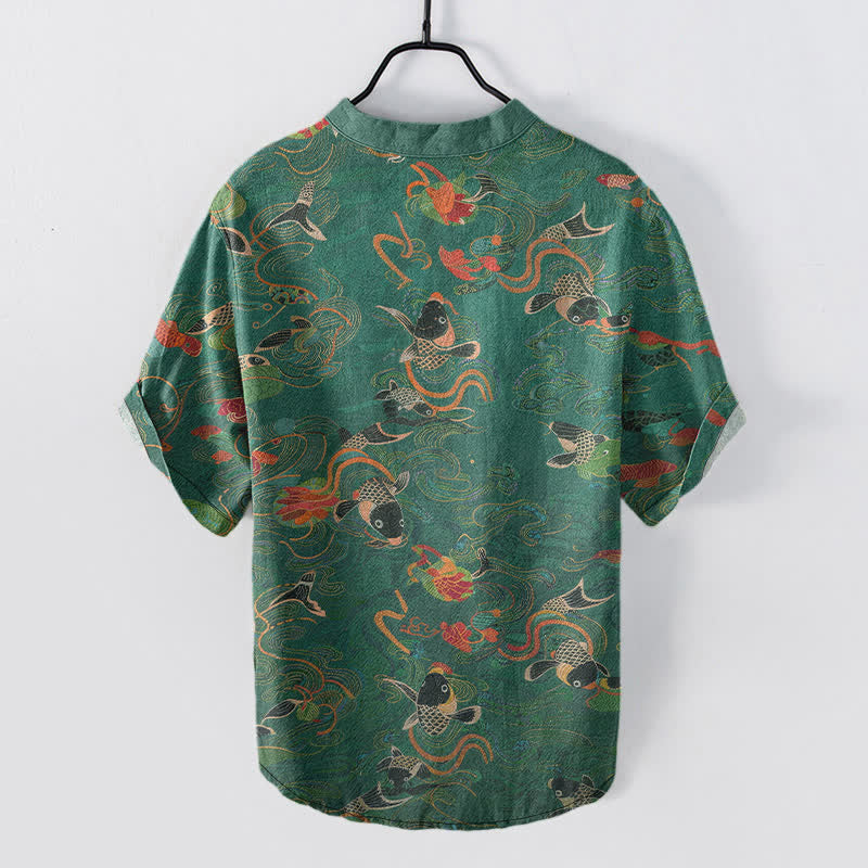 Nimara Ritual Cotton Koi Fish Lotus Pattern Men's Short Sleeve Half Button Shirt