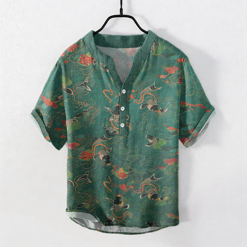 Nimara Ritual Cotton Koi Fish Lotus Pattern Men's Short Sleeve Half Button Shirt