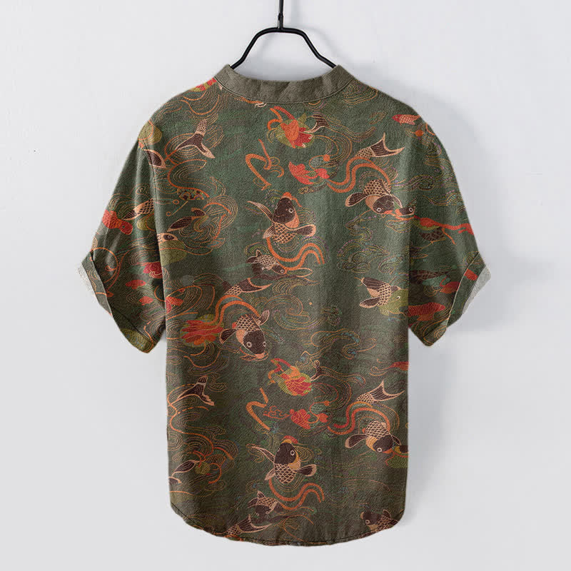 Nimara Ritual Cotton Koi Fish Lotus Pattern Men's Short Sleeve Half Button Shirt